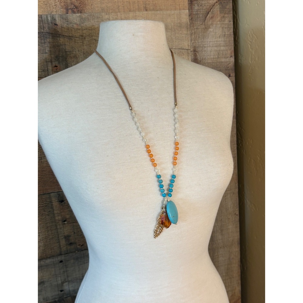 Boho Beaded Cord Necklace Faux Turquoise Leaf Charm Gold Tone Adjustable